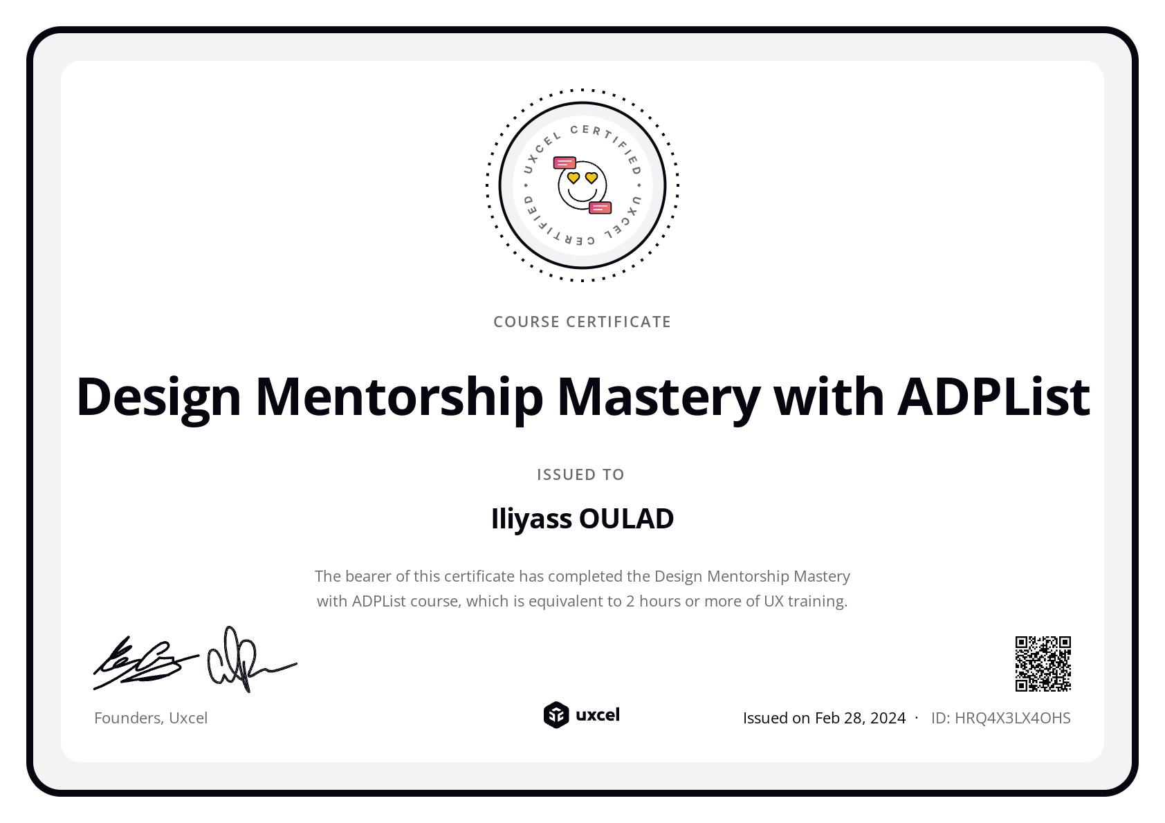 Iliyass OULAD's certificate